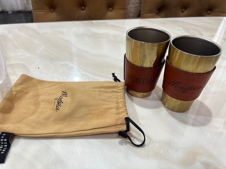 แก้วสแตนเลสผิวแฮมเมอร์สีทองปลอกหนังแท้ปั๊มโลโก้  รูปที่ 3