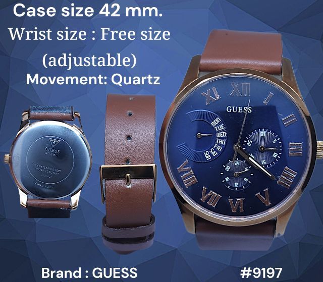 โรสโกลด์ นาฬิกาข้อมือ GUESS แท้ ระบบ Quartz หน้าปัดสีน้ำเงิน สายหนังสีน้ำตาล