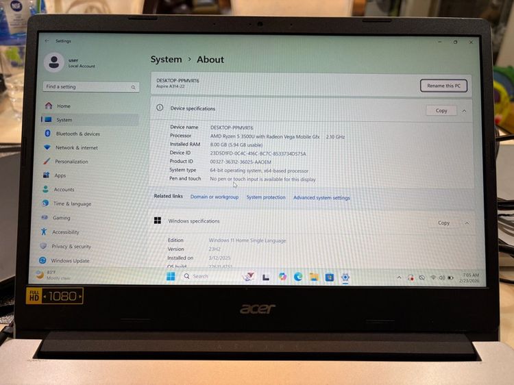 โน้ตบุ๊ค ACER Aspire 3 Ryzen พร้อมชิป AMD Ryzen 5 3500U with Radeon Vega Mobile Gfx 2.10 GHz RAM 8 GB SSD 512 GB รูปที่ 4