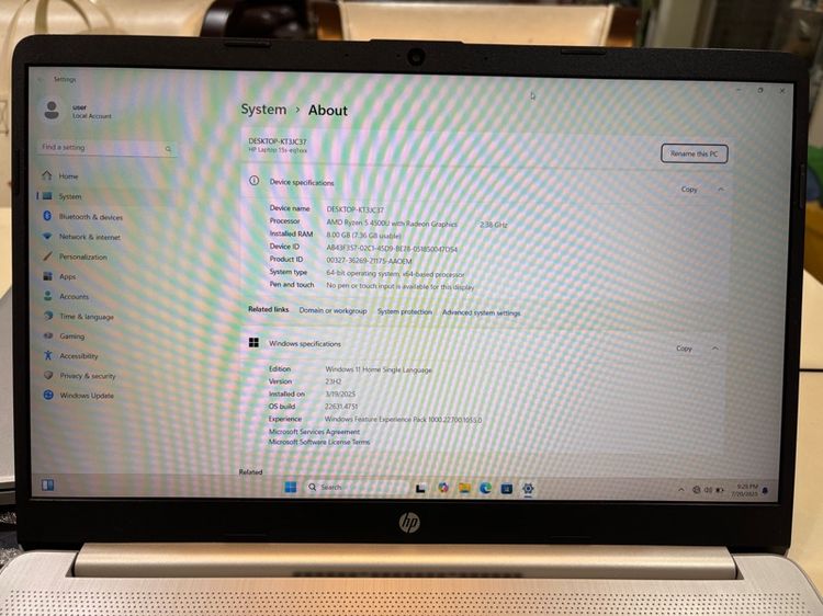 โน้ตบุ๊ค HP AMD Ryzen 5 4500U with Radeon Graphics ความเร็ว 2.38 GHz RAM 8 GB SSD 512 GB 6 คอร์ 6 เธรด รูปที่ 8