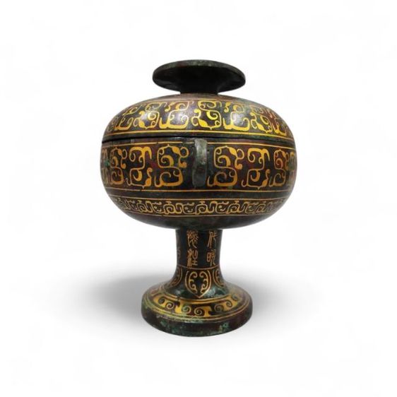 Vintage Chinese Bronze "Dou" Ritual Vessel with Gold Inlay Decor รูปที่ 3