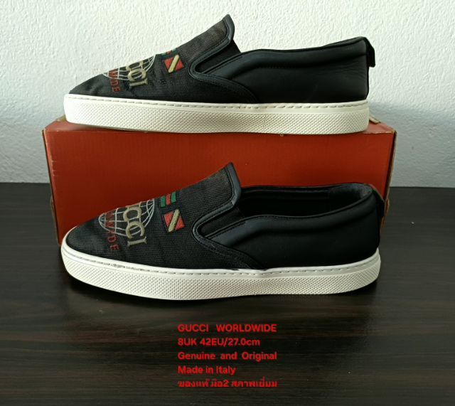 GUCCI WORLDWIDE Slip-on Loafers, Unisex 8UK 42EU(27.0cm) Original Made in Italy ของแท้ มือ 2 สภาพเยี่ยม, รองเท้า Gucci ผ้าทวีดดำปักลายสวยมาก รูปที่ 15