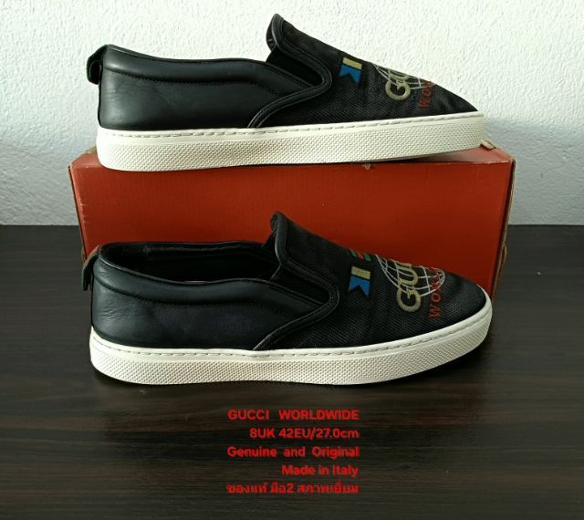 GUCCI WORLDWIDE Slip-on Loafers, Unisex 8UK 42EU(27.0cm) Original Made in Italy ของแท้ มือ 2 สภาพเยี่ยม, รองเท้า Gucci ผ้าทวีดดำปักลายสวยมาก รูปที่ 14