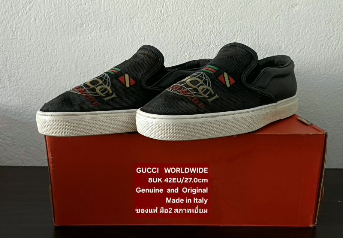 GUCCI WORLDWIDE Slip-on Loafers, Unisex 8UK 42EU(27.0cm) Original Made in Italy ของแท้ มือ 2 สภาพเยี่ยม, รองเท้า Gucci ผ้าทวีดดำปักลายสวยมาก รูปที่ 6