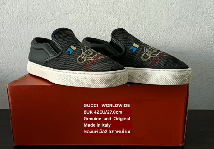 GUCCI WORLDWIDE Slip-on Loafers, Unisex 8UK 42EU(27.0cm) Original Made in Italy ของแท้ มือ 2 สภาพเยี่ยม, รองเท้า Gucci ผ้าทวีดดำปักลายสวยมาก รูปที่ 5