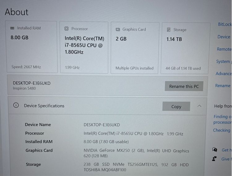 Dell Inspiron 5480 i7 8565U Ram 8 SSD 256GB HDD 1TB GPU 2 GB รูปที่ 4