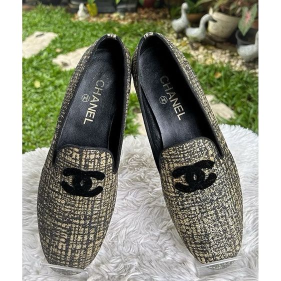 Loafers Flats Gold Glitter Tweed Sz.38 มือสอง