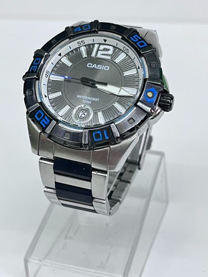 Casio MTD-1070 Diver Style 100M หน้าปัดดํา ขอบน้ําเงิน สายสแตนเลส ทรงสปอร์ต
