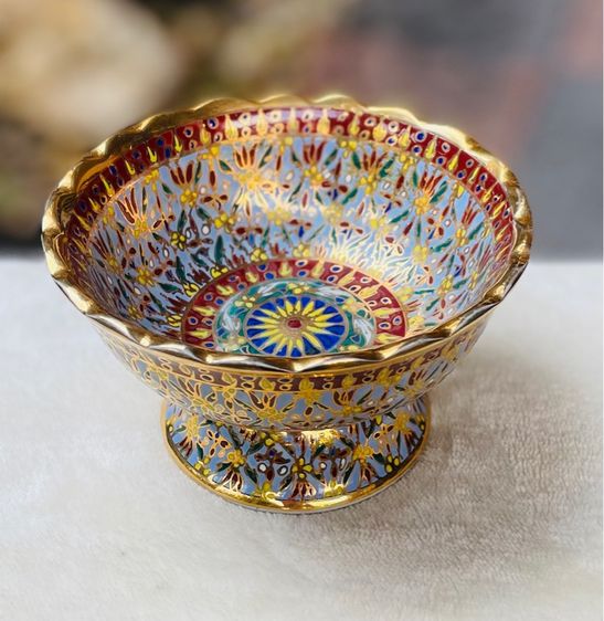 เซรามิคเก่า พานเบญจรงค์ขอบหยัก ลายนอก-ใน น้ำทองฉ่ำๆ Vintage THAI BENJARONG Porcelain Hand Painted Decorative