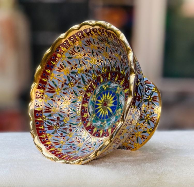 พานเบญจรงค์ขอบหยัก ลายนอก-ใน น้ำทองฉ่ำๆ Vintage THAI BENJARONG Porcelain Hand Painted Decorative รูปที่ 4