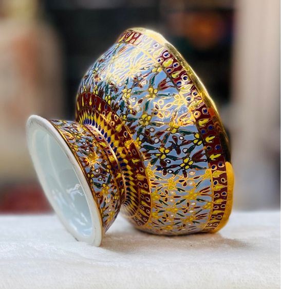 พานเบญจรงค์ขอบหยัก ลายนอก-ใน น้ำทองฉ่ำๆ Vintage THAI BENJARONG Porcelain Hand Painted Decorative รูปที่ 6