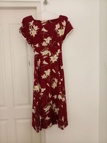 เดรสลายดอกสีไวน์แดง คอแต่งลูกไม้ XL แบรนด์ญี่ปุ่น รูปที่ 6