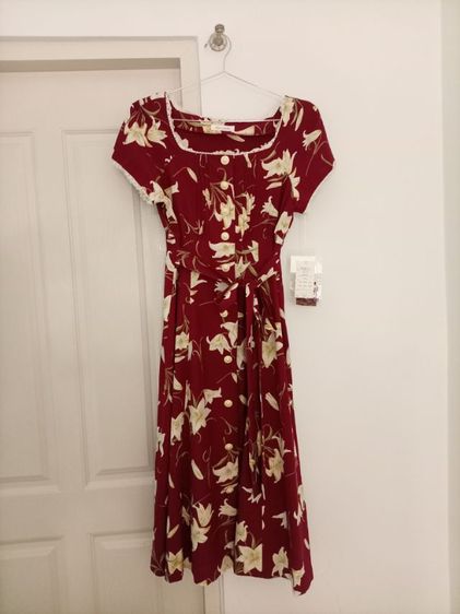 เดรสลายดอกสีไวน์แดง คอแต่งลูกไม้ XL แบรนด์ญี่ปุ่น รูปที่ 5