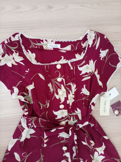 เดรสลายดอกสีไวน์แดง คอแต่งลูกไม้ XL แบรนด์ญี่ปุ่น รูปที่ 3