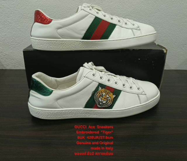 GUCCI Ace Embroidered "Tiger" Sneakers, Unisex 8UK 42EU(27.8cm) Original Made in Italy ของแท้ มือ 2 สภาพเยี่ยม, รองเท้า Gucci หนังแท้ สวยมาก