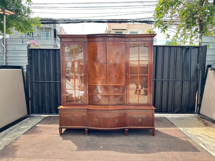 ตู้โชว์ สไตล์วินเทจ 2 บานเปิดกระจก 2 บานเปิดทึบ 5 ลิ้นชัก ชั้นปรับระดับได้ โครงฐานไม้จริงผสมไม้อัด แยกบน-ล่างได้