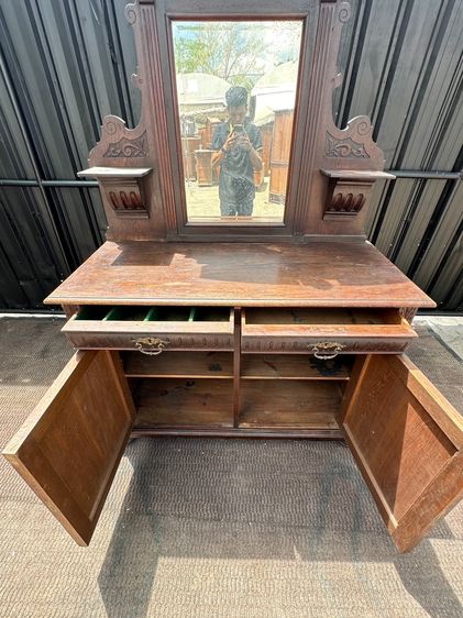 โต๊ะเครื่องแป้ง ไม้โอ็ค สไตล์วินเทจ 2 ชั้นวาง 2 ลิ้นชัก 2 บานเปิด มือจับทองเหลือง ขากลึงกลม  รูปที่ 14