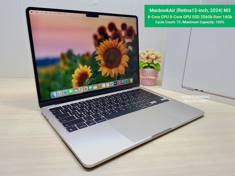 Apple Macbook Air แมค โอเอส 16 กิกะไบต์ อื่นๆ ไม่ใช่ MacbookAir (Retina13-inch, 2024) M3 8-Core CPU 8-Core GPU SSD 256Gb Ram 16Gb Starlight สวย ครบกล่อง ใช้น้อย แบต100