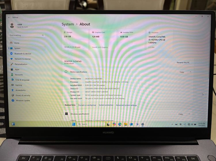 โน้ตบุ๊คทำงานลื่นๆ Huawei MateBook Core i5 Gen 10 RAM 8GB SSD 256GB จอ Full HD บางเบาพรีเมียม รูปที่ 4