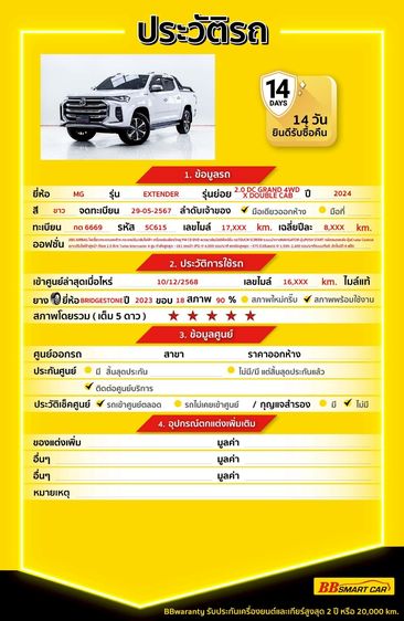 MG Extender 2024 2.0 Grand X 4WD Pickup ดีเซล ไม่ติดแก๊ส เกียร์อัตโนมัติ ขาว รูปที่ 2