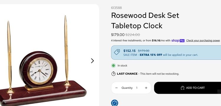 นาฬิกา HOWARD 613-588 TABLE CLOCK ROSEWOOD DESK 2 PENS         รูปที่ 2