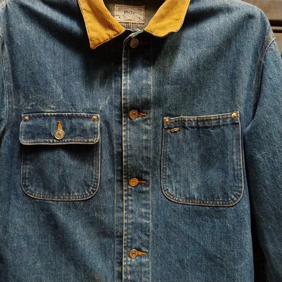POLO by Ralph Lauren Vintage 80’s Denim Jacket Corduroy Collar Wool Plaid Lining Made In America Authentic Dungarees  รูปที่ 5