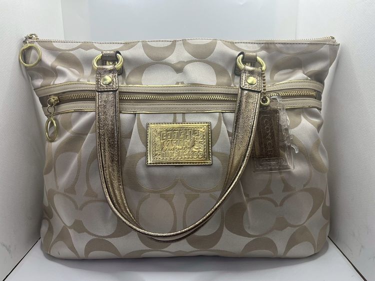 ลินิน หญิง ขาว Coach POPPY Glam Gold Signature Tote ปี 2013 ของแท้ ( สภาพดีมาก ใช้งานน้อย) 