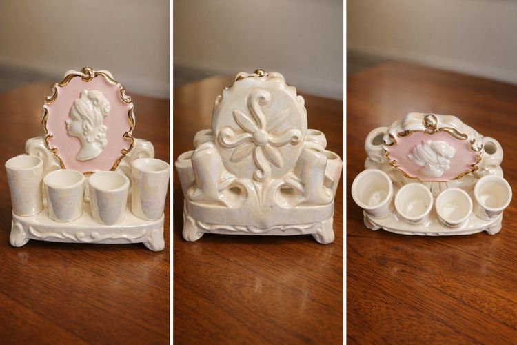 Vintage Lipstick Holder 1950s – Ceramic Vanity Japan Pink Cameo ที่วางลิปสติกวินเทจแท้ งานเซรามิกนำเข้าจากญี่ปุ่น รูปที่ 2