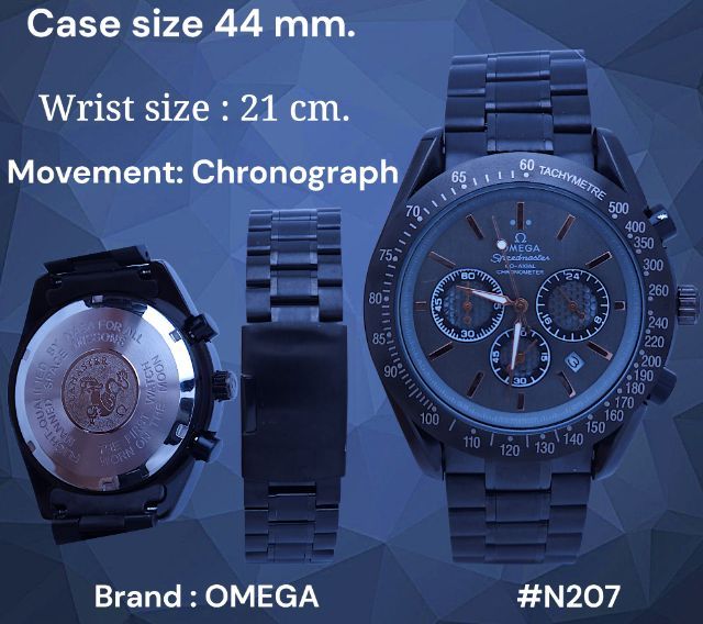 Omega นาฬิกาโครโนกราฟสไตล์สปอร์ต หน้าดำ ขอบ Tachymeter สายสแตนเลสดำ เท่ ดุดัน ใส่ได้ทุกวัน