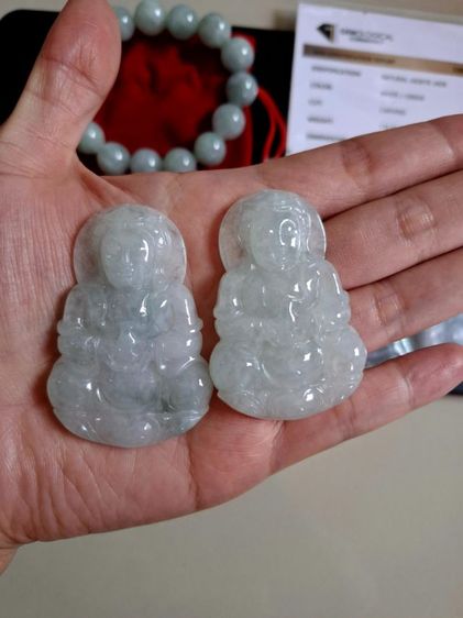 หยกพม่าแท้ แกะสักเจ้าแม่กวนอิม สีกรีนไวท์ มีใบรับประกันแท้ รูปที่ 2