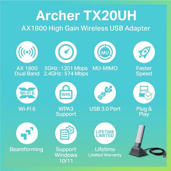 TP-Link Archer TX20UH ตัวรับสัญญาณ WiFi6 แบบ 2 คลื่นความถี่ AX1800 High Gain Wireless USB Adapter รูปที่ 2