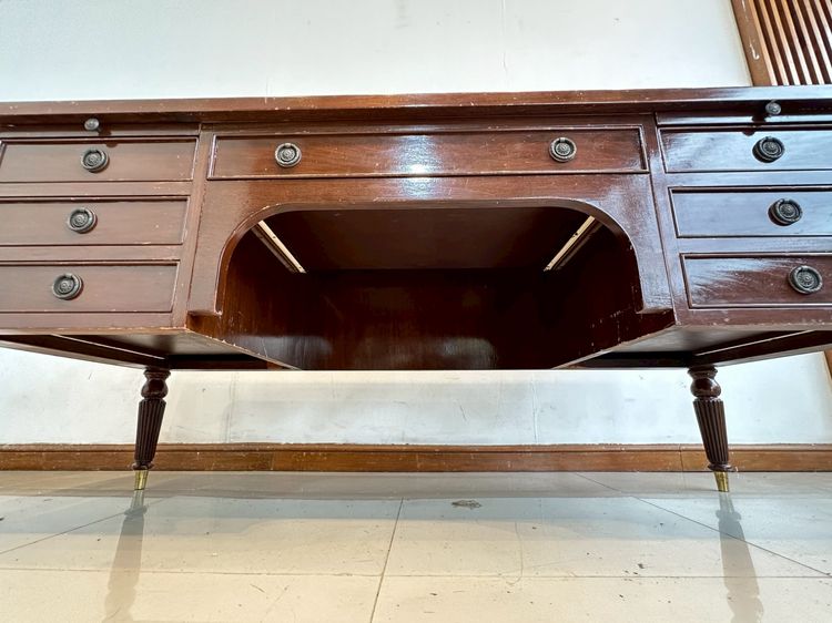 โต๊ะทำงาน สไตล์วินเทจ  7 ลิ้นชัก ท็อปหุ้มหนัง PU สีน้ำตาล ขากลึงกลม รูปที่ 16