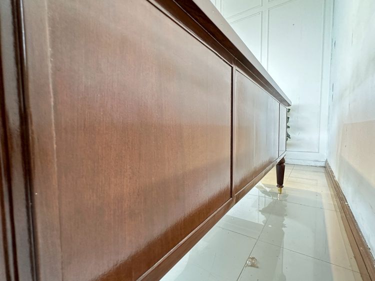 โต๊ะทำงาน สไตล์วินเทจ  7 ลิ้นชัก ท็อปหุ้มหนัง PU สีน้ำตาล ขากลึงกลม รูปที่ 6