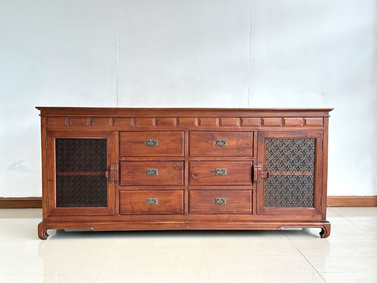 ตู้คอนโซล สไตล์วินเทจ 2 บานเปิด 6 ลิ้นชัก มือจับทองเหลือง ท็อปและโครงขาไม้จริงผสมไม้ MDF สีน้ำตาลแดง