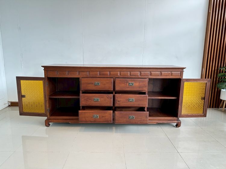 ตู้คอนโซล สไตล์วินเทจ 2 บานเปิด 6 ลิ้นชัก มือจับทองเหลือง ท็อปและโครงขาไม้จริงผสมไม้ MDF สีน้ำตาลแดง รูปที่ 2