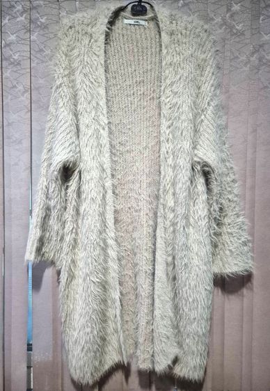 เสื้อคลุมยาวไหมพรมแต่งขน สีชมพูนู้ด