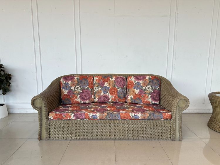 น้ำตาล 3 ที่นั่ง โซฟาหวาย สไตล์วินเทจ เบาะและพิงหลังผ้าลายดอกไม้คละสี