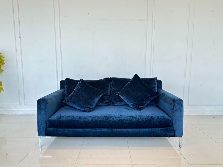 โซฟา 2-3 ที่นั่ง เบาะผ้ากำมะหยี่สีน้ำเงิน ขาสแตนเลส พร้อมหมอนอิงเข้าชุด 