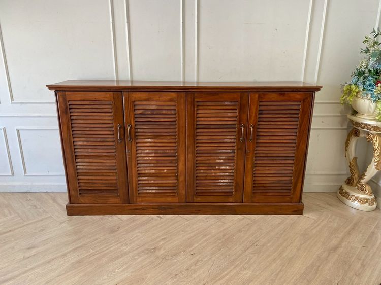 ตู้รองเท้าไม้สัก 4 บานเปิด 7 ชั้นวาง สีน้ำตาล