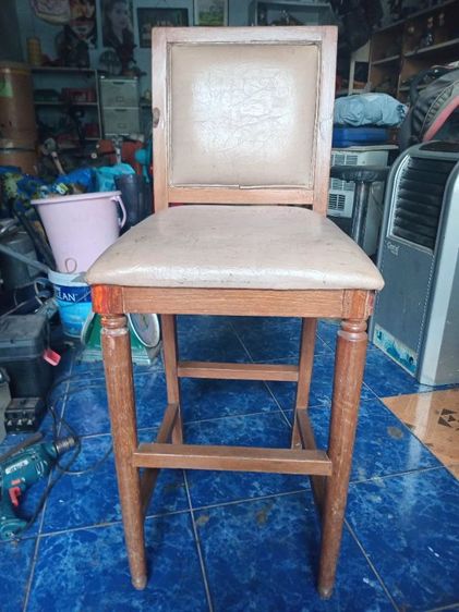 น้ำตาล เก้าอี้บาร์สูง หนังเทียม เก้าอี้ไม้สัก