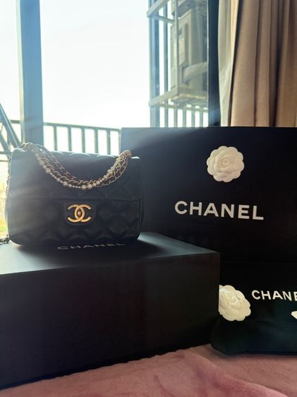 ไม่ระบุ ดำ หนังแท้ Chanel Mini Pearl Chain Flap Bag