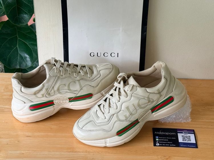 ขาว หนังแท้ รองเท้าผ้าใบ UK 7.5 | EU 41 1/3 | US 8 รองเท้า GUCCI Rhyton Logo Leather Sneaker Size 42