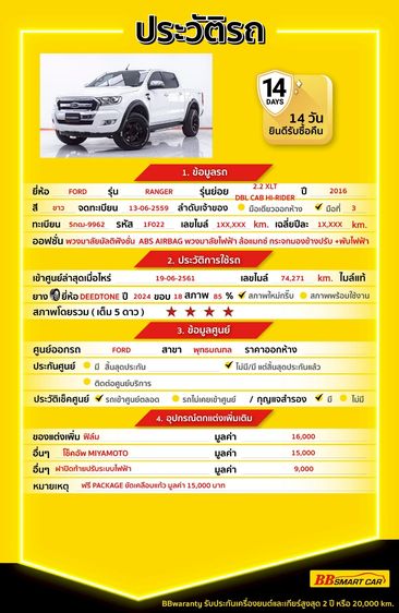 Ford Ranger 2016 2.2 Hi-Rider XLT Pickup ดีเซล ไม่ติดแก๊ส เกียร์ธรรมดา ขาว รูปที่ 2