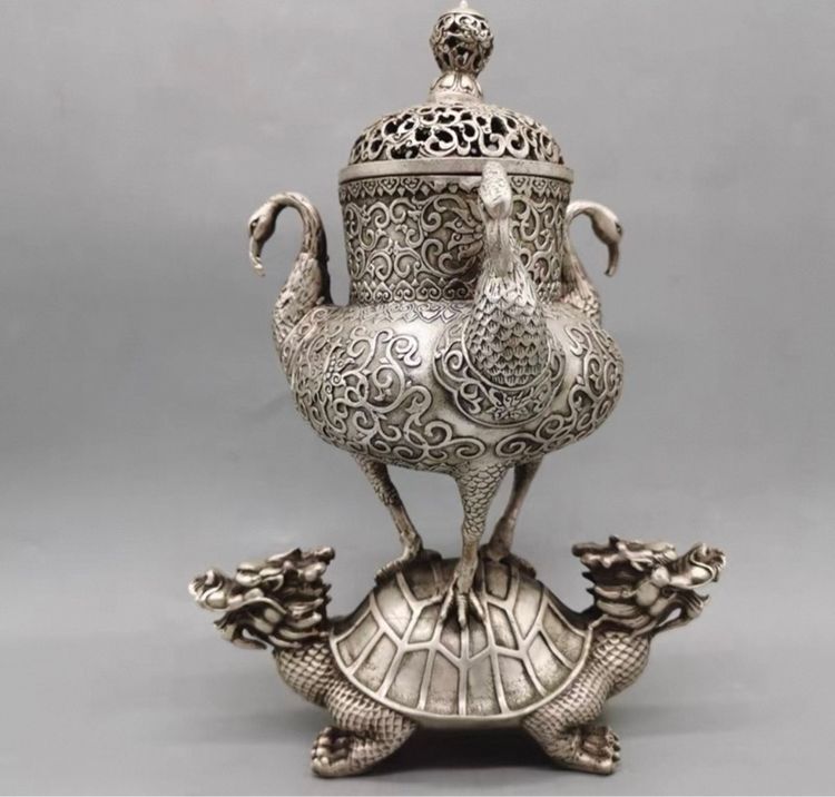 ✨กระถางธูปทองเหลืองขาวแกะสลักลวดลายเต่า