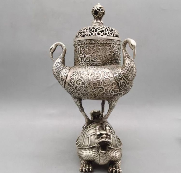 ✨กระถางธูปทองเหลืองขาวแกะสลักลวดลายเต่า รูปที่ 4