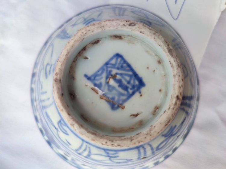 ชามปักไป่  ชามทรงปากผาย เครื่องกระเบื้องวาดลายครามโบราณ เนื้อกระเบื้องกังไส ใต้จานมีภาษาจีน รูปที่ 8