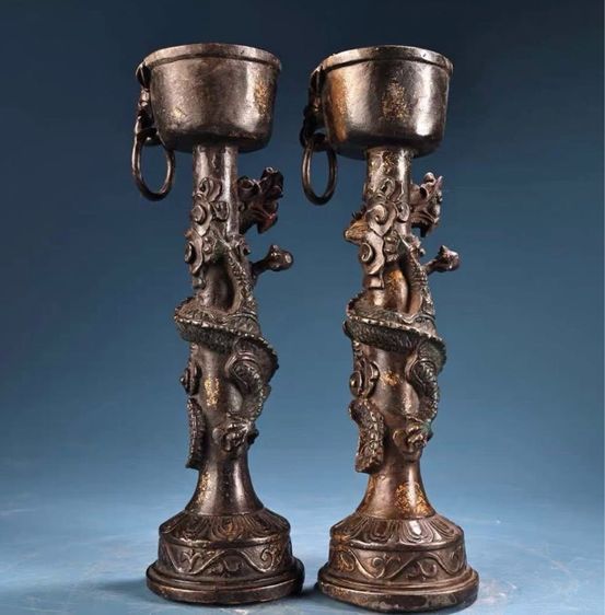 ✨ชุดเชิงเทียนทองเหลืองโบราณลวดลายมังกรจีน รูปที่ 5