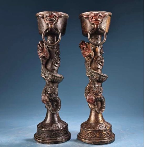 ✨ชุดเชิงเทียนทองเหลืองโบราณลวดลายมังกรจีน