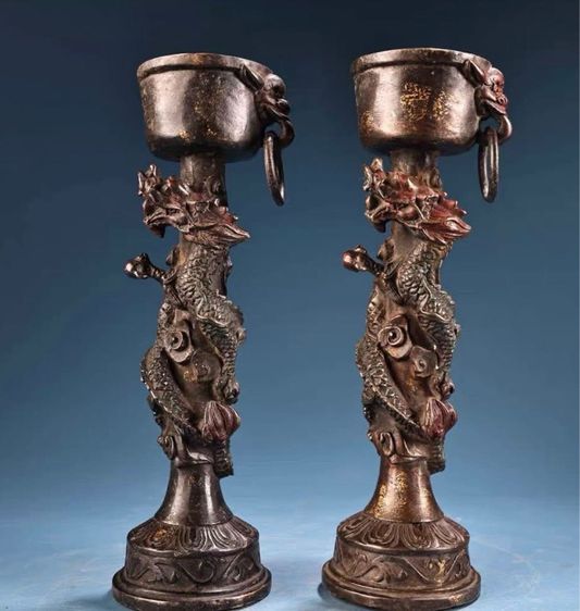 ✨ชุดเชิงเทียนทองเหลืองโบราณลวดลายมังกรจีน รูปที่ 3