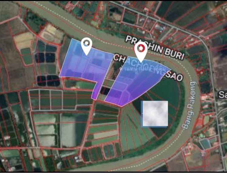 ที่ดินติดแม่น้ำบางปะกง 51 และ 53 ไร่ หน้ากว้างแปลงละ 500 ม
